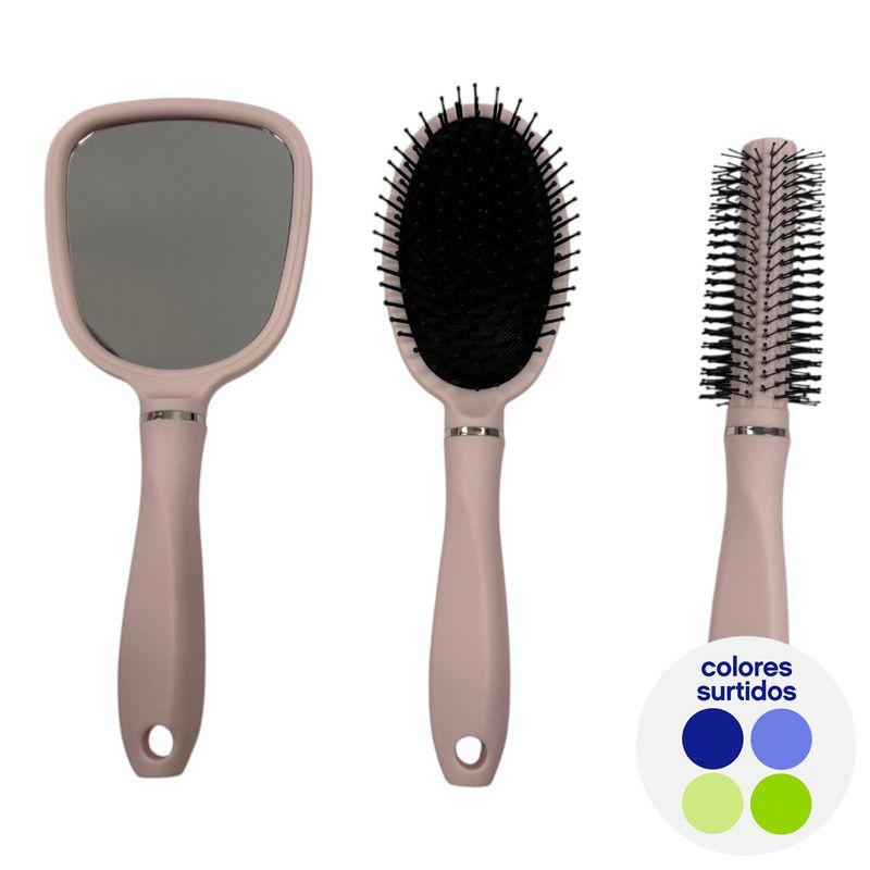 Set de Cepillos para Cabello y Espejo de Mano Colores Surtidos