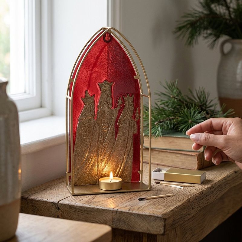 Portavela Decorativo Reyes en Metal Dorado y Rojo de 30.5 cm para Navidad
