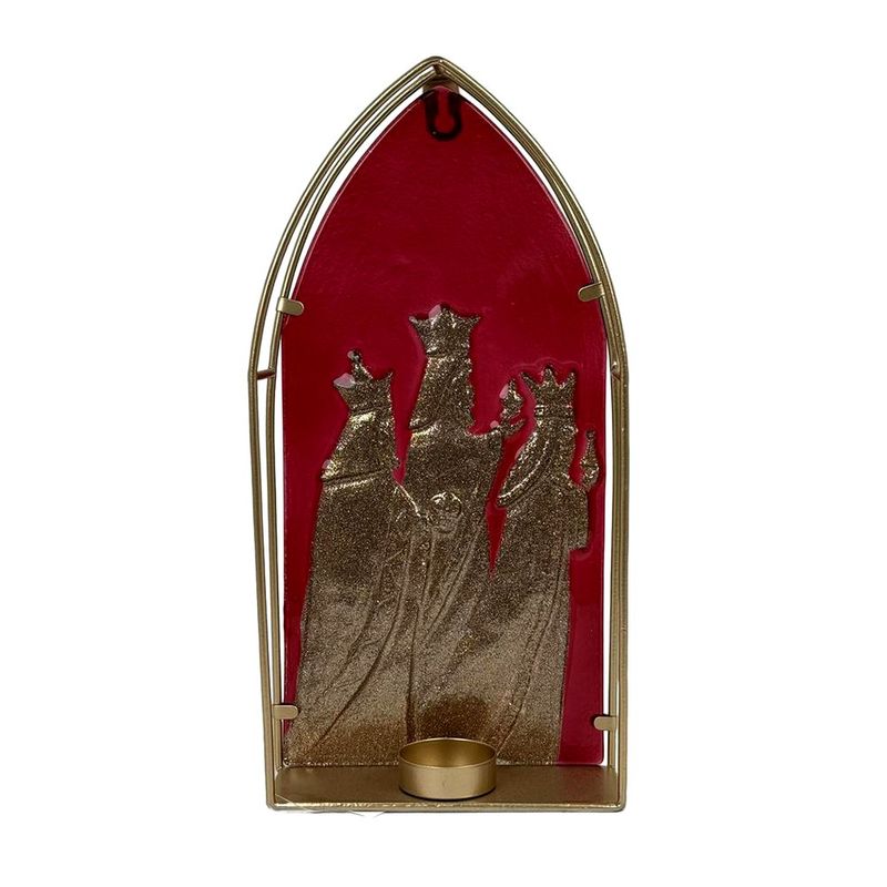 Portavela Decorativo Reyes en Metal Dorado y Rojo de 30.5 cm para Navidad
