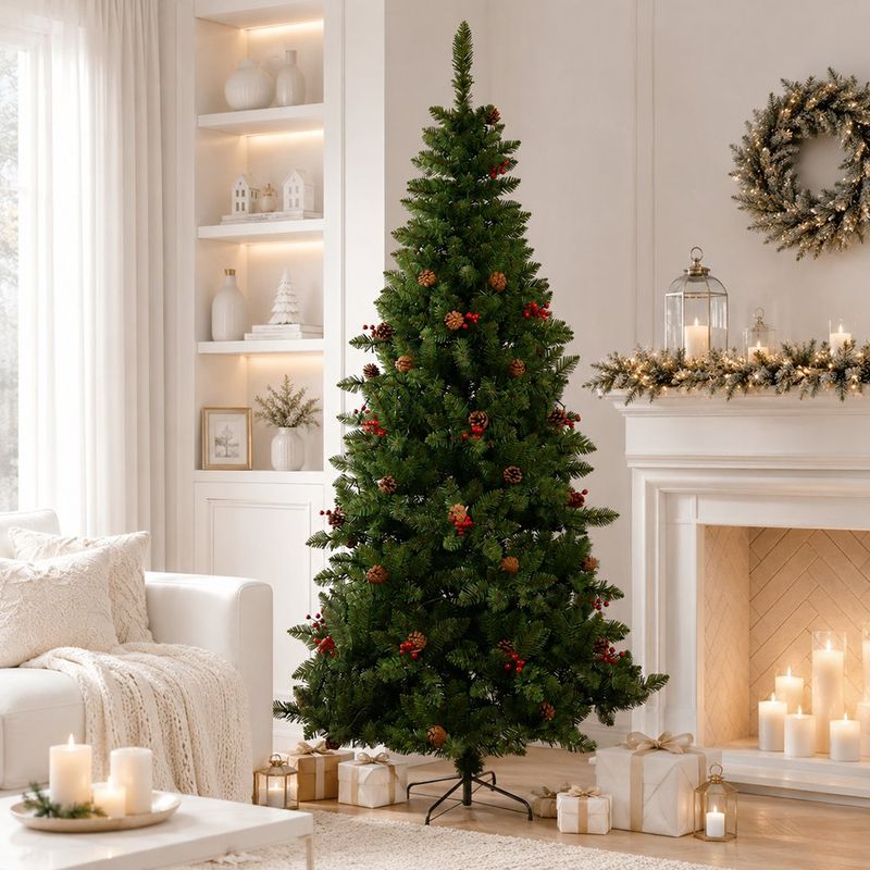 Árbol de Navidad Artificial con Luz Cálida, Bayas y Conos de 213 cm