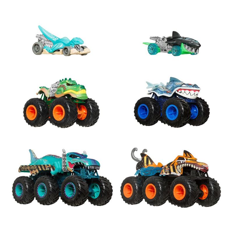 Set Hot Wheels Monster Trucks Sharks vs Dinos con 6 Vehículos