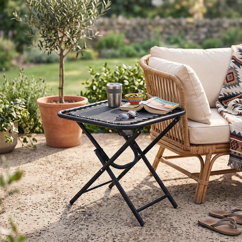 Mesa Plegable Gris de Acero con Portavasos 18" para Exterior