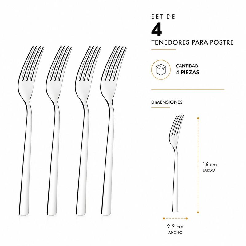 Set de 4 Tenedores para Postre Milán de Acero Inoxidable Plateado