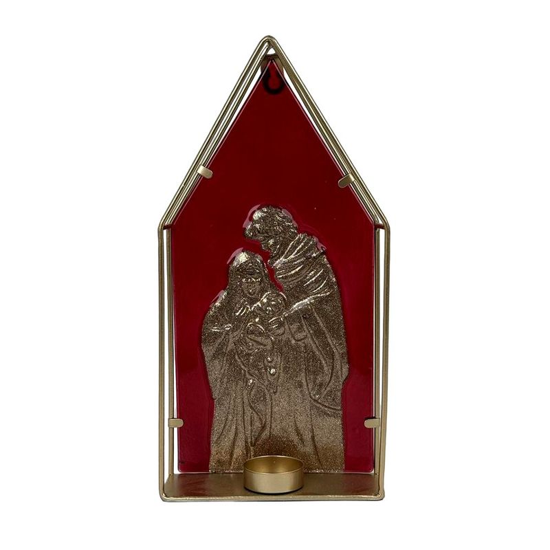 Portavela Decorativo Sagrada Familia en Metal Dorado y Rojo de 30.5 cm para Navidad