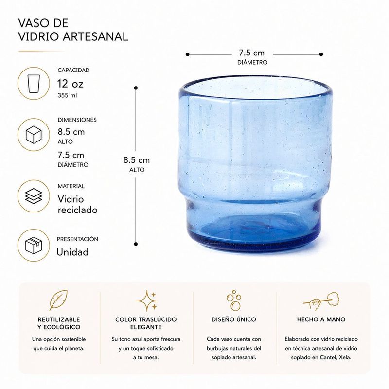 Vaso de Vidrio Reciclado 12 oz Artesanal Azul Traslúcido