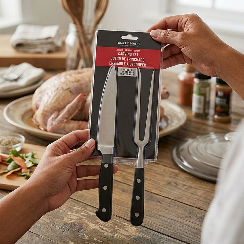 Juego de 2 Utensilios de Trinchar Churrasqueros de Acero Inoxidable Negro y Plateado