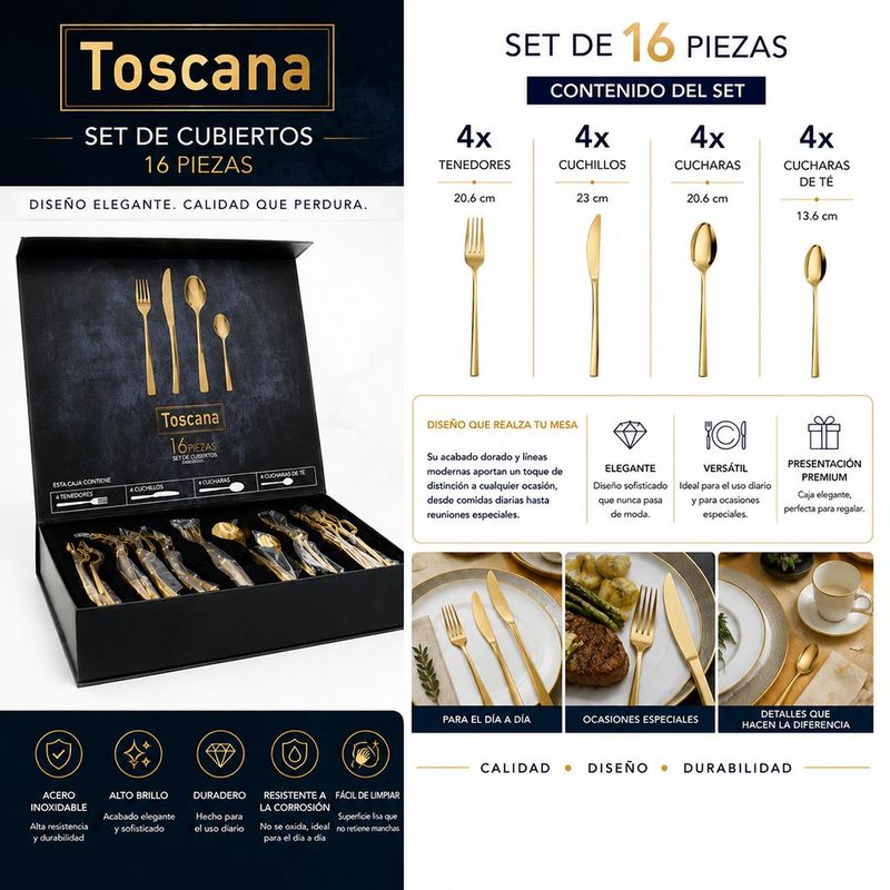 Set de 16 Cubiertos de Acero Inoxidable 18/0 para Servicio de Mesa Dorado