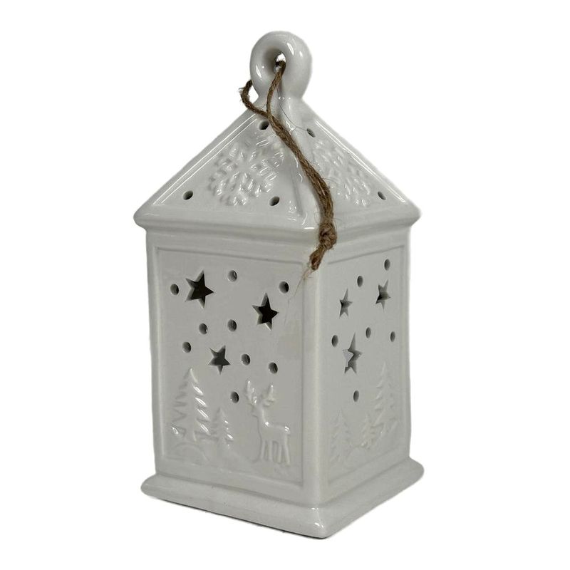 Linterna Decorativa de Cerámica Blanca de 19.5 cm para Navidad