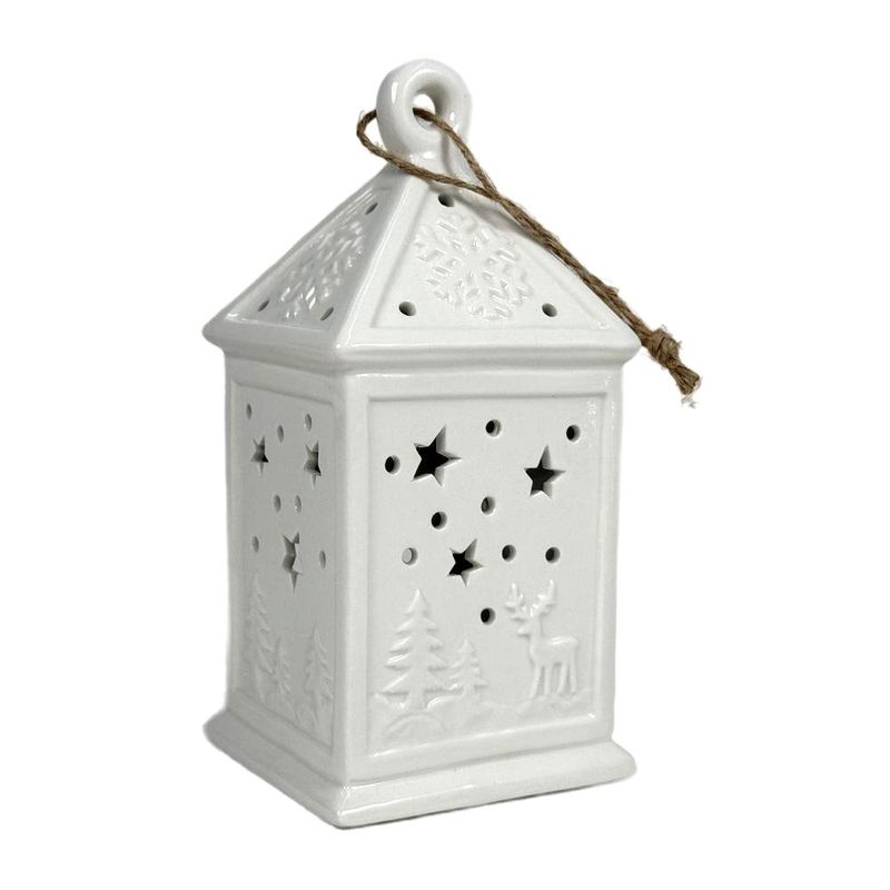 Linterna Decorativa de Cerámica Blanca de 19.5 cm para Navidad