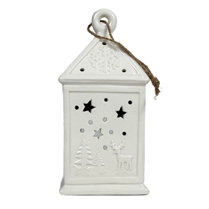 Linterna Decorativa de Cerámica Blanca de 19.5 cm para Navidad