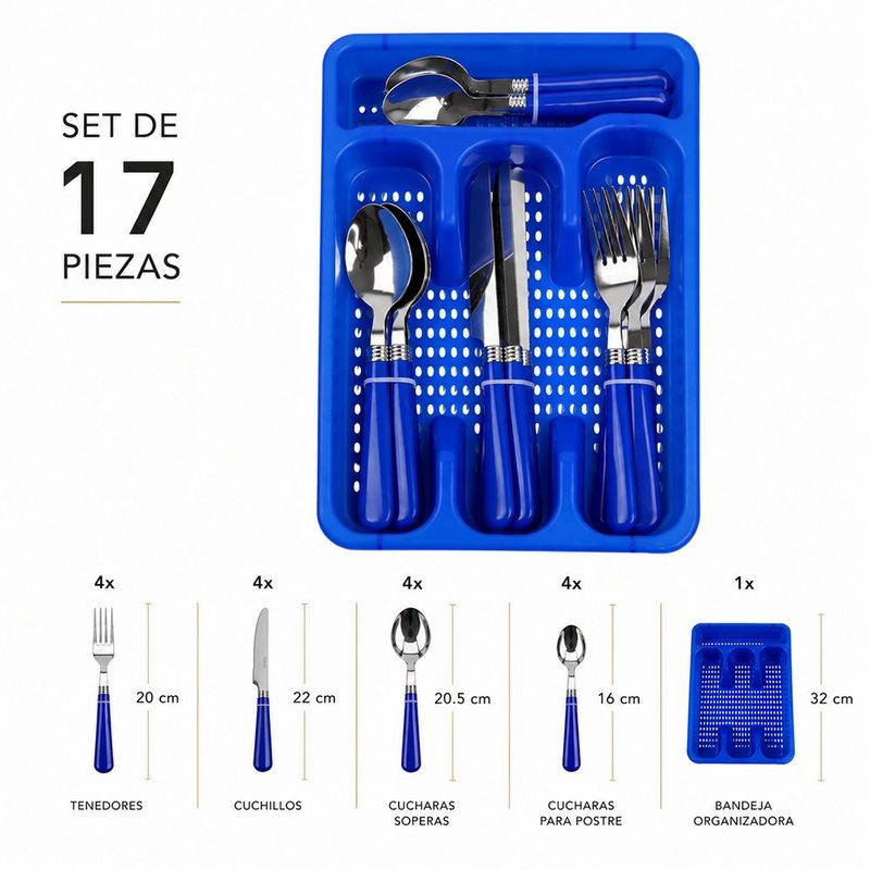 Set de 16 Cubiertos de Acero Inoxidable con Bandeja Organizadora - Colores Surtidos