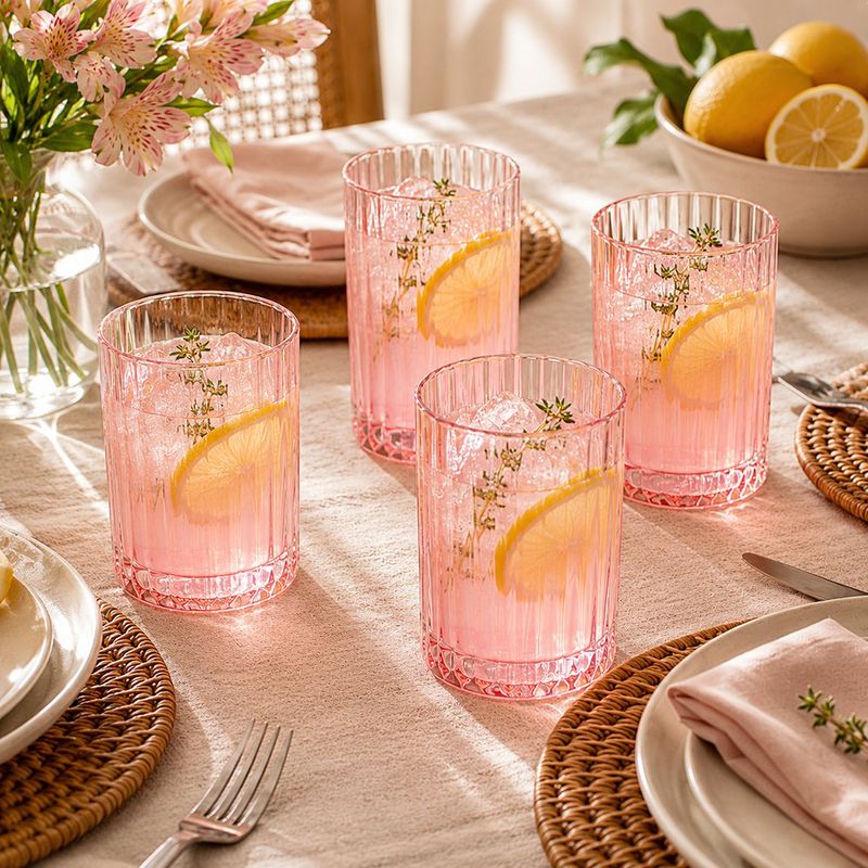Set de 4 Vasos Fiorella de Vidrio 11.3 oz con Relieve Vertical Rosado Traslúcido