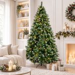 Árbol Navideño Aritifical Nevado de 9 Pies con Luz LED Cálida Bayas y Conos 8 Funciones