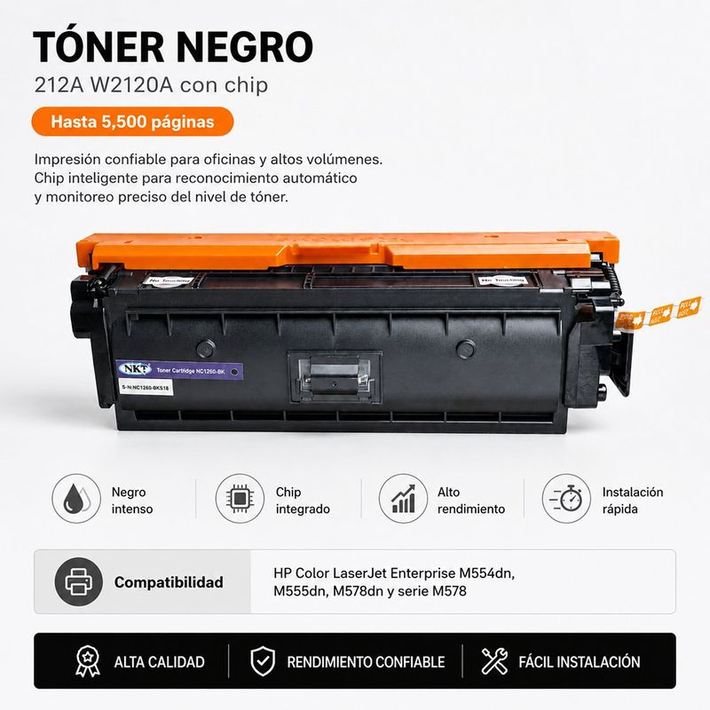 Tóner Original W2120A 212A con Chip para HP Color LaserJet Enterprise Color Negro