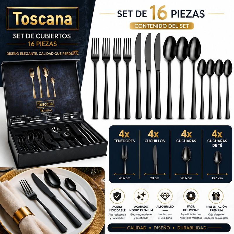 Set de 16 Cubiertos de Acero Inoxidable 18/0 para Servicio de Mesa Negro
