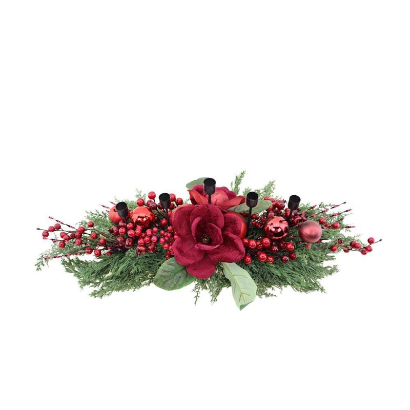 Candelero Navideño Triple con Magnolias y Follaje de 75 cm Burgundy y Verde