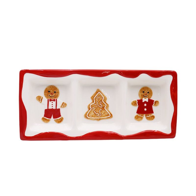 Plato Boquitero de Cerámica de Dolomita 3 Divisiones para Snacks Navideños Multicolor