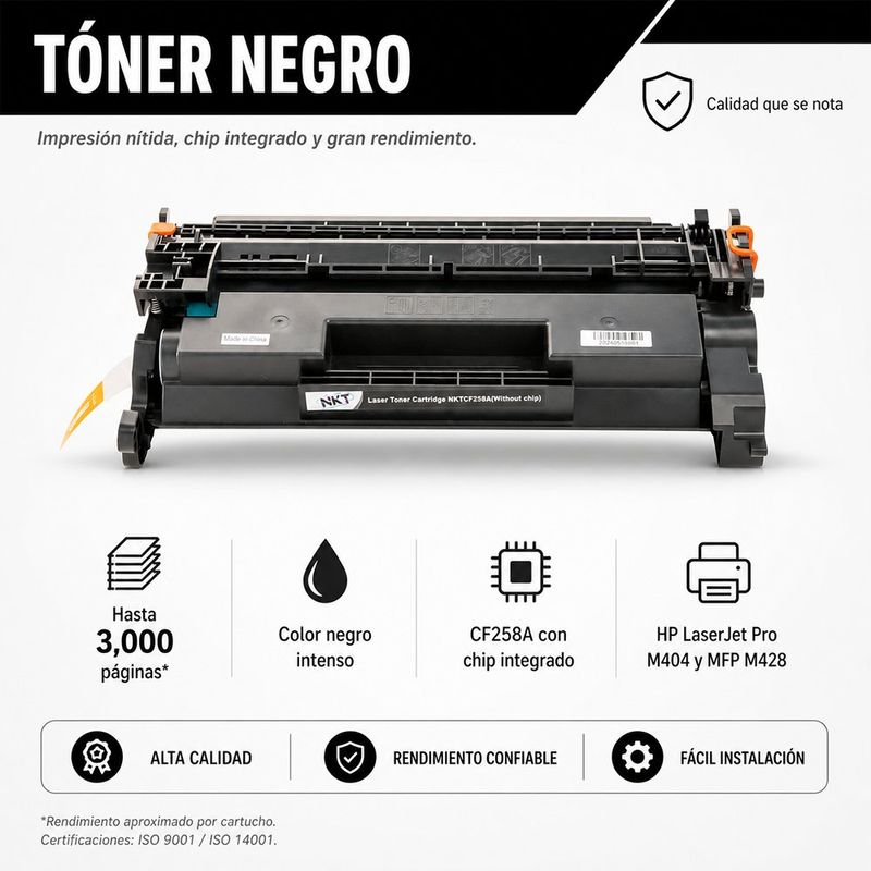 Tóner CF258A de Alto Rendimiento con Chip Color Negro