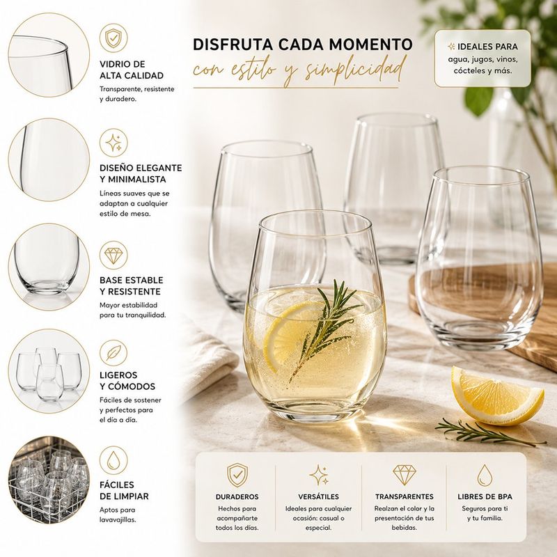 Set de 4 Vasos Dubái de Vidrio 16.2 oz para Bebidas Frías Transparentes