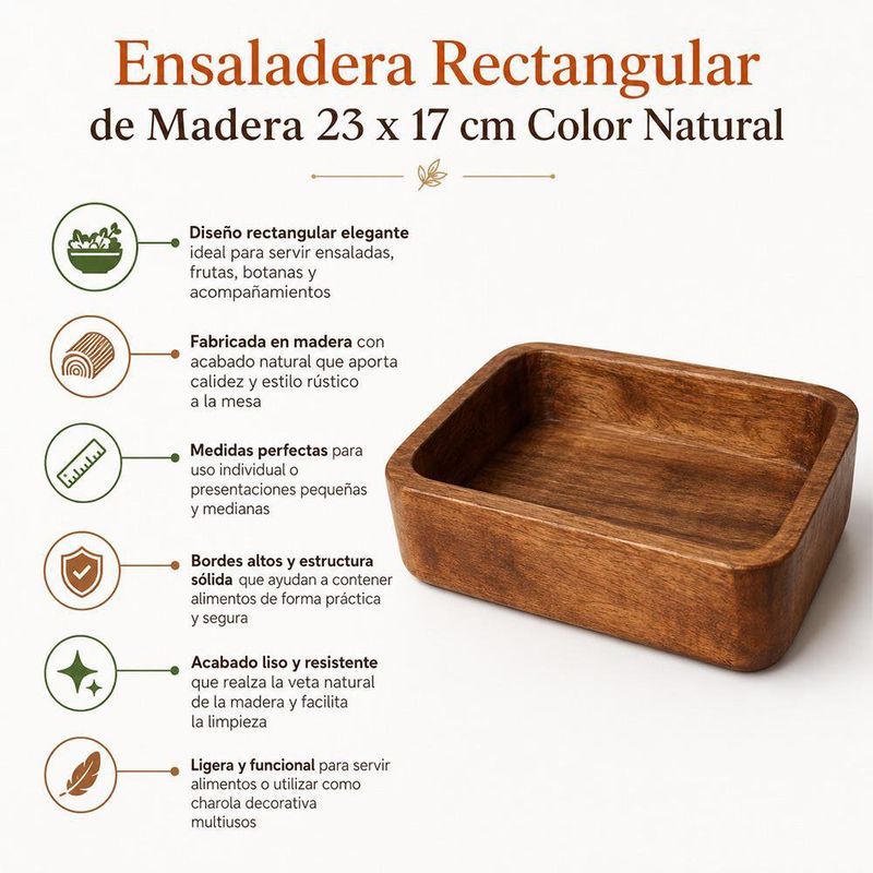 Ensaladera Rectangular de Madera 23 x 17 cm Color Natural