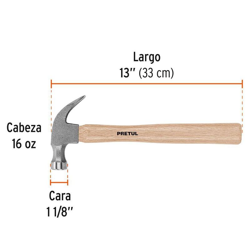 Martillo de Uña Curva Pulido Mango de Madera 16 oz