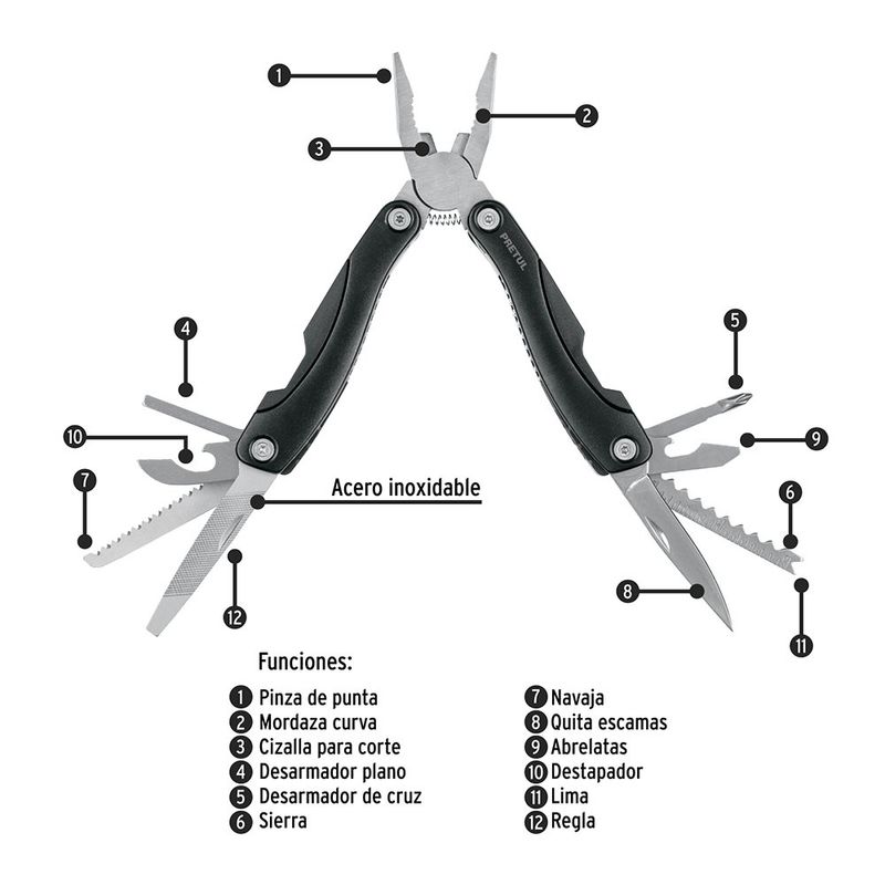 Multiherramienta 12 Funciones de Acero Inoxidable con Estuche