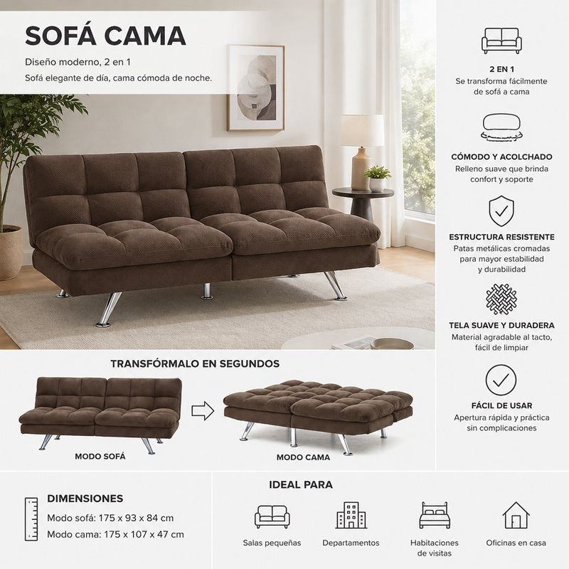Sofá Cama Reclinable 2 en 1 de Tela Acolchada 175 cm Color Café Chocolate