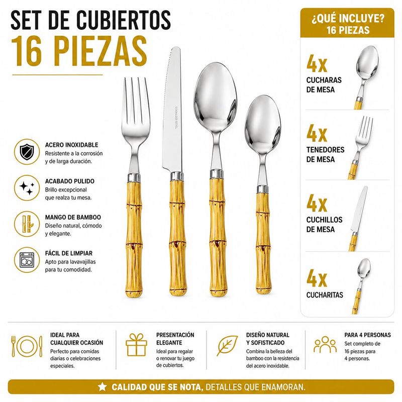 Set de 16 Cubiertos de Acero Inoxidable con Mango Diseño de Bambú