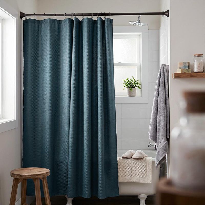 Set de Cortina para Baño con Liner y Ganchos 14 Piezas Diseño Texturizado Color Azul