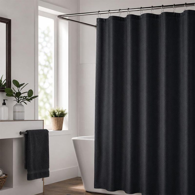 Set de Cortina para Baño con Liner y Ganchos 14 Piezas Diseño Texturizado Color Negro