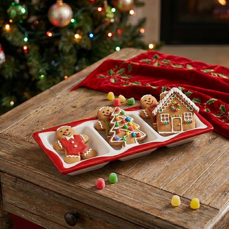 Plato Boquitero de Cerámica de Dolomita 3 Divisiones para Snacks Navideños Multicolor