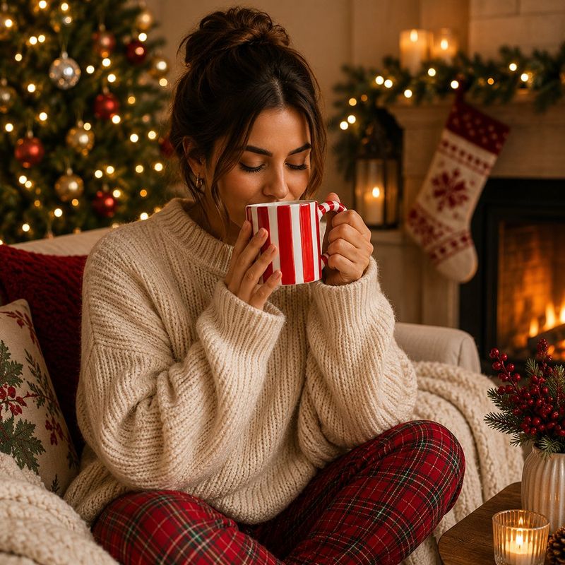 Taza de Cerámica de Dolomita 10.5 oz para Bebidas Calientes Diseño Bastón Navideño