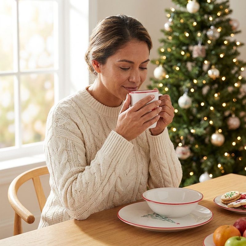Vajilla de Gres 12 Piezas para Mesa Navideña Diseño Árbol Multicolor