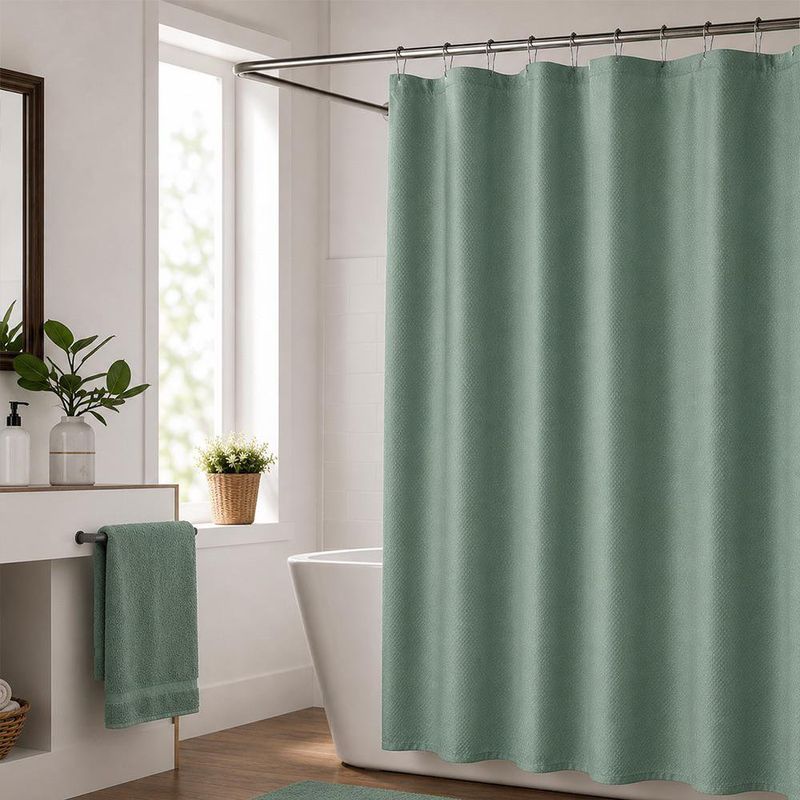 Set de Cortina para Baño con Liner y Ganchos 14 Piezas Diseño Texturizado Color Verde Oscuro