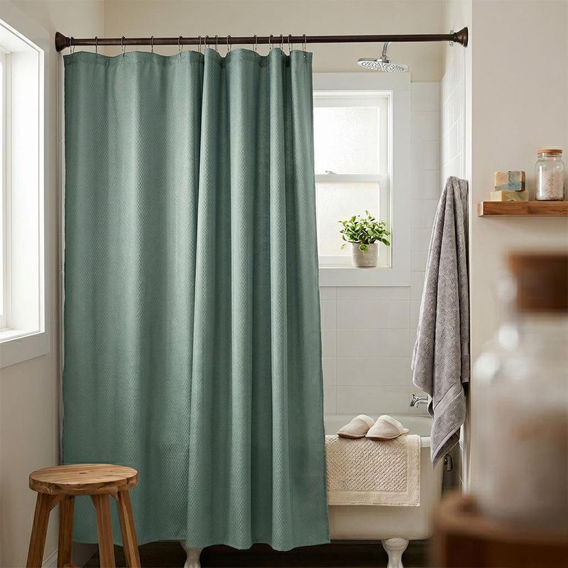 Set de Cortina para Baño con Liner y Ganchos 14 Piezas Diseño Texturizado Color Verde Oscuro