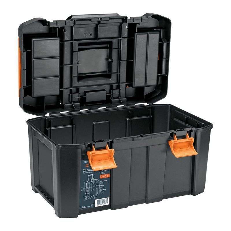 Caja para Herramientas Desmontable 3 en 1 con Ruedas 53 Litros Negro con Naranja