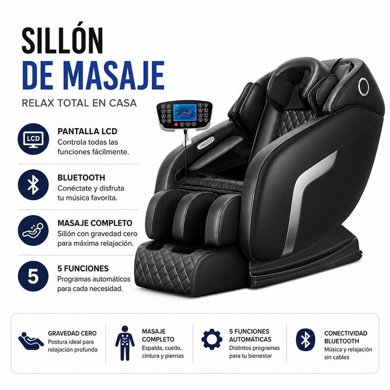 Sillón de Masaje Multifunción con Gravedad Cero, Pantalla LCD y Bluetooth Negro