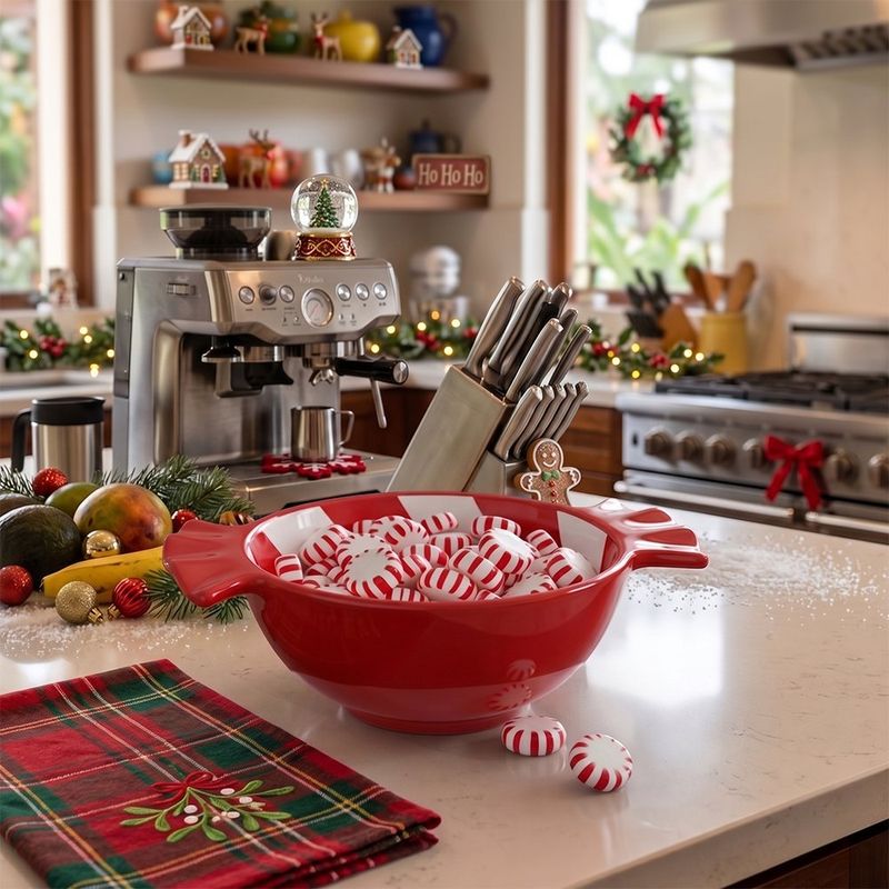 Bowl de Cerámica de Dolomita para Snacks Diseño Bastón Navideño Rojo y Blanco