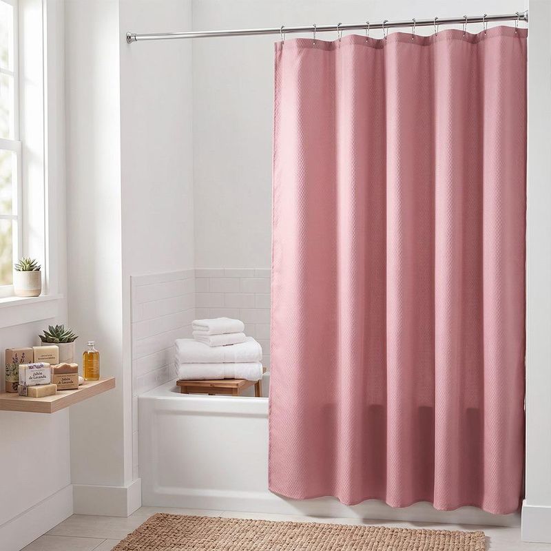 Set de Cortina para Baño con Liner y Ganchos 14 Piezas Diseño Texturizado Color Rosado