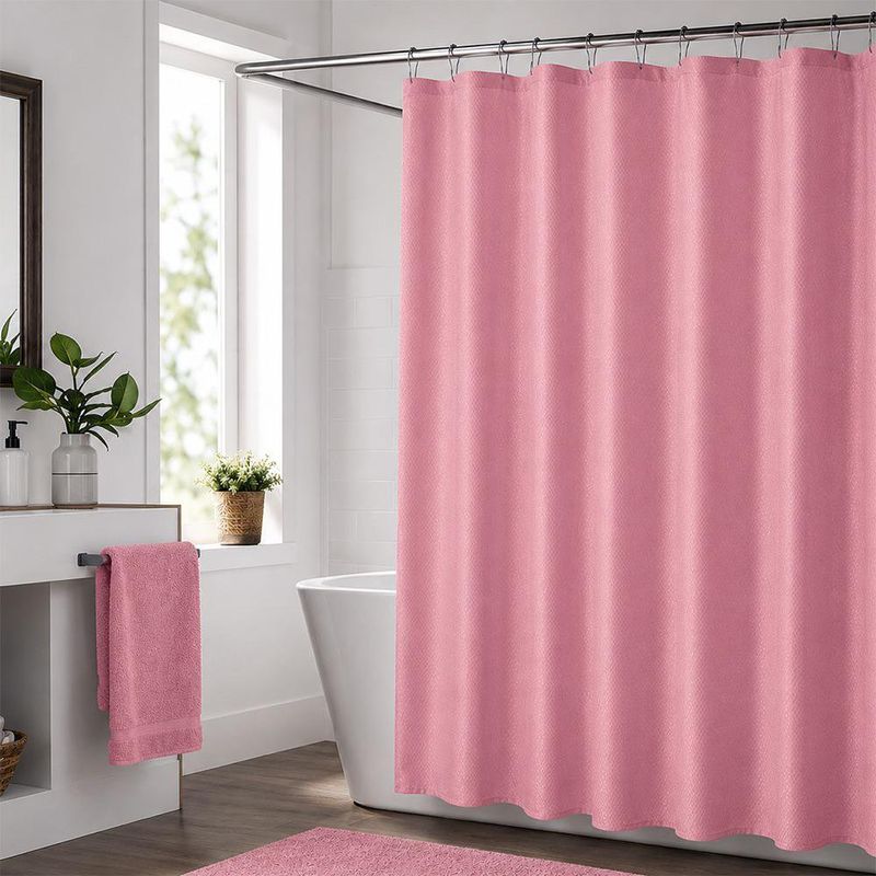 Set de Cortina para Baño con Liner y Ganchos 14 Piezas Diseño Texturizado Color Rosado