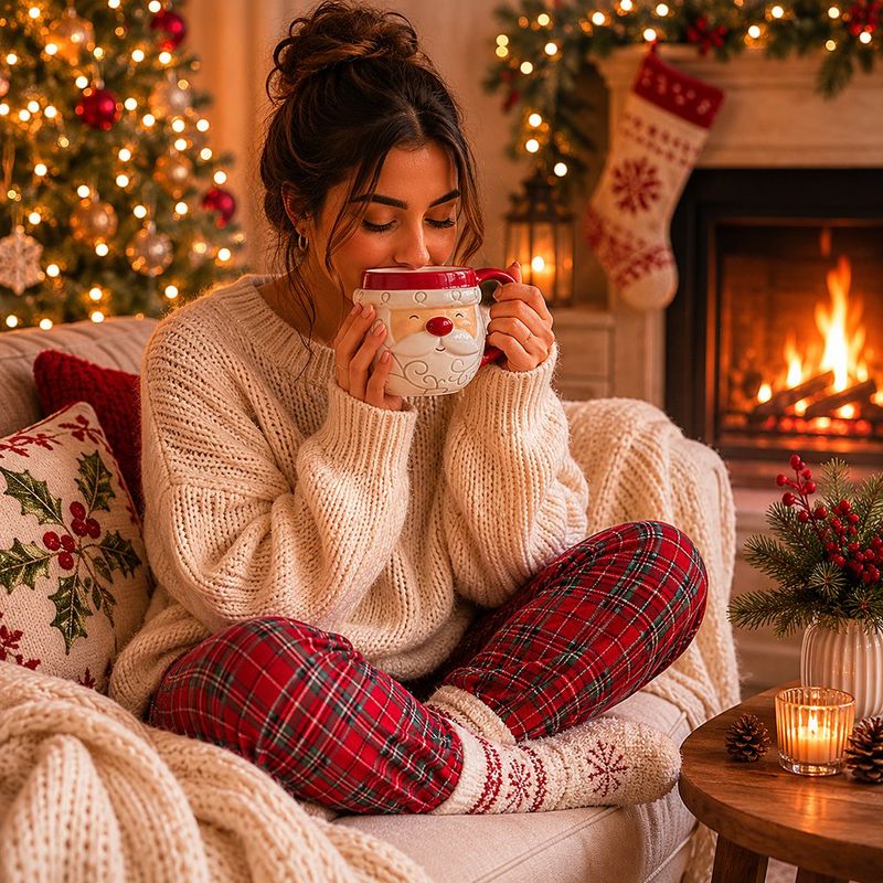 Taza de Cerámica de Dolomita 15.5 oz para Bebidas Calientes Diseño Santa Rojo
