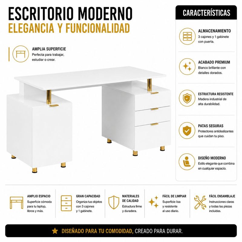 Escritorio con Cajones Elegance Blanco y Dorado