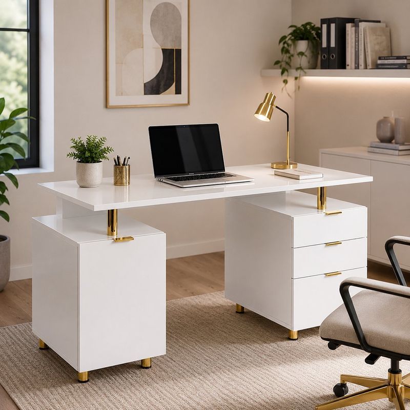 Escritorio con Cajones Elegance Blanco y Dorado