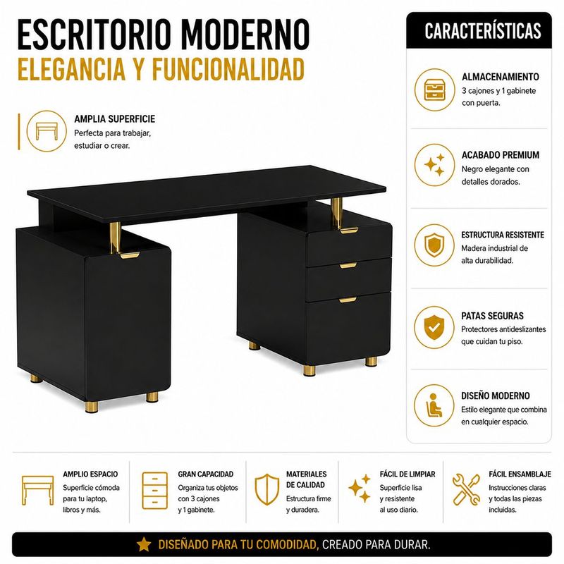 Escritorio con Gavetas Elegance Color Negro y Dorado