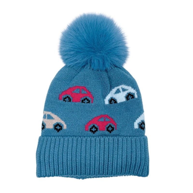 Gorro Infantil de Invierno con Diseño de Carritos y Pompón