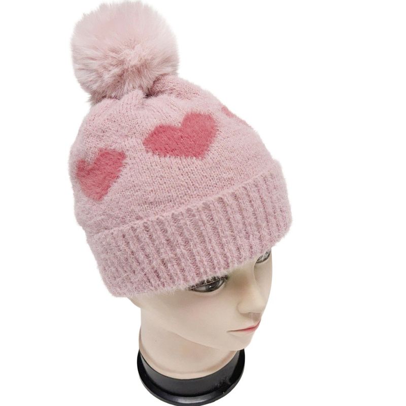 Gorro Infantil de Lana con Corazones y Pompón para Frío