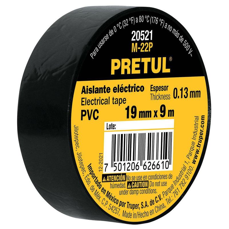 Cinta de Aislar para Instalaciones Eléctricas 19 mm x 9 Metros Color Negro
