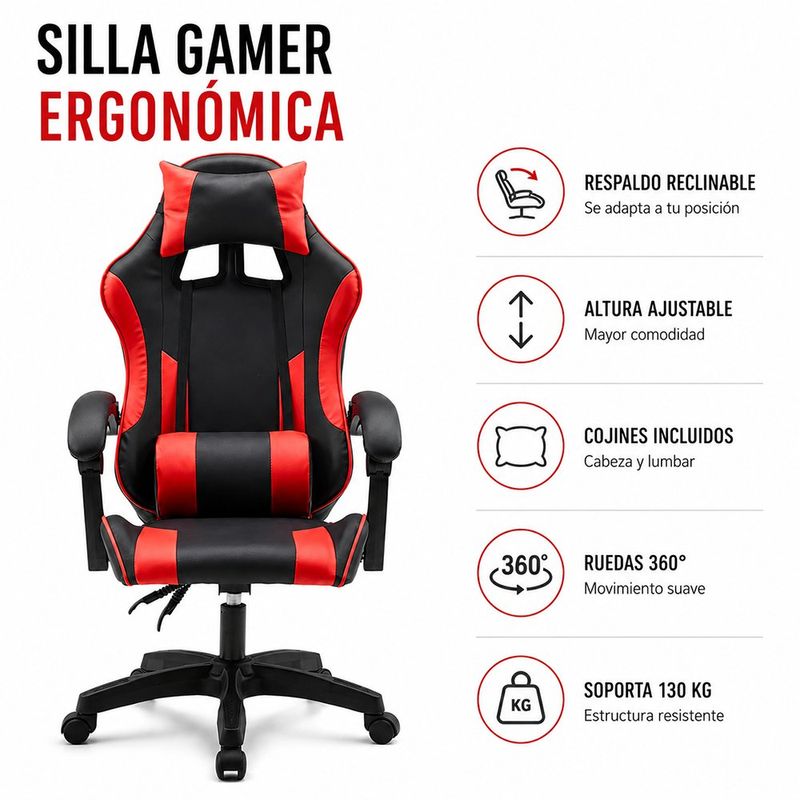 Silla Gamer Reclinable color Negro con Rojo
