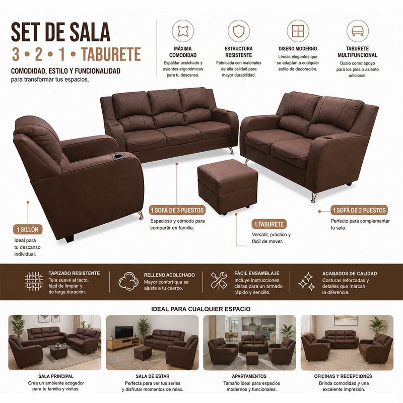 Set de Sala Catalana 3+2+1 con Taburete Color Café