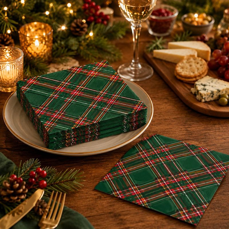 Set de 20 Servilletas Navideñas de 3 Capas 33 x 33 cm Cuadros Verdes